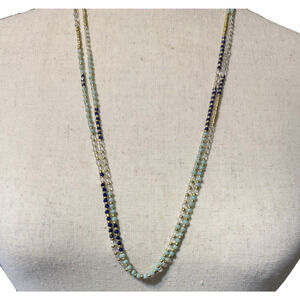 LOFT Beaded Necklace Navy Green Gold Clear Single Strand 56 Inch